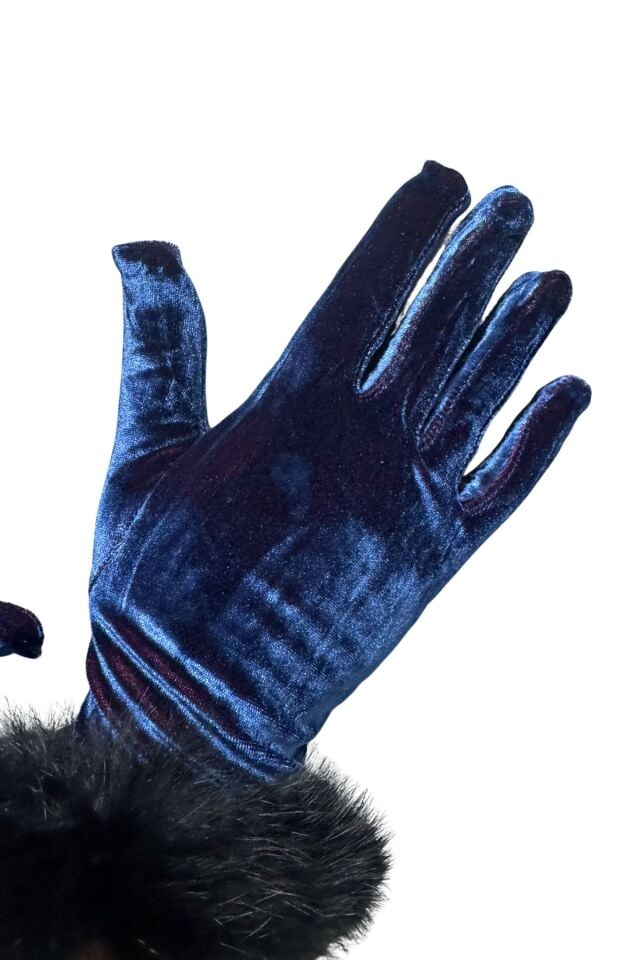 Kadın Saks Kadife Tüylü Eldiven | Gece Mavisi, Şık, Kışlık Davet Aksesuarı