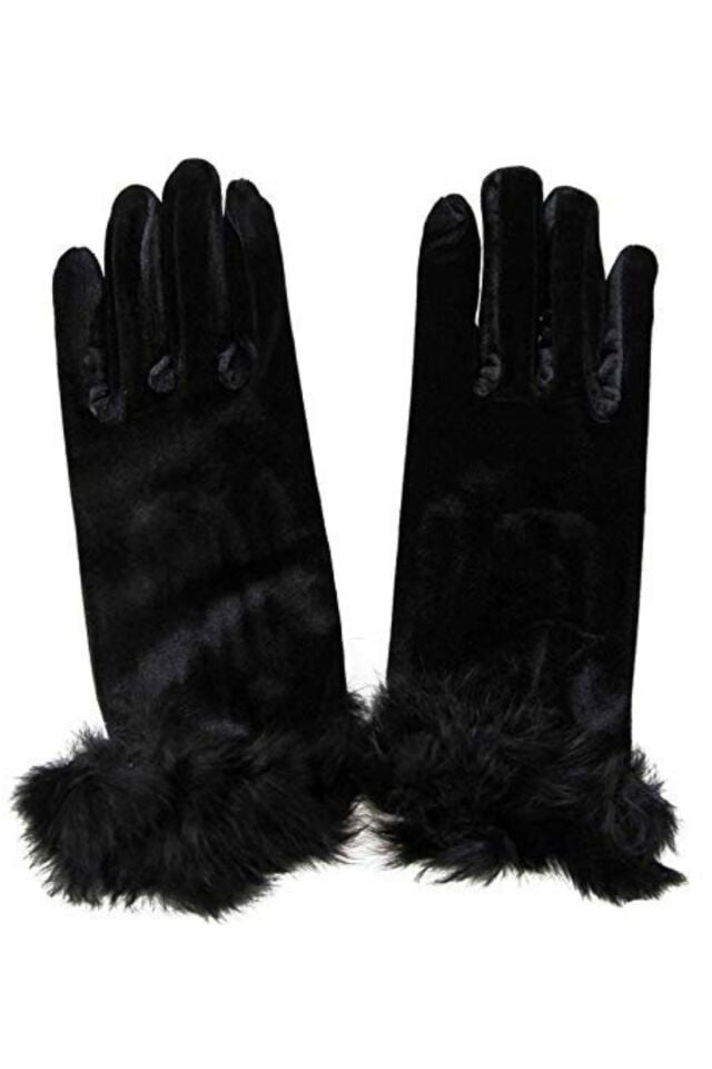 Kadın Siyah Kadife Tüylü Kısa Eldiven | Şık, Kışlık, Davet ve Günlük Kullanım Standart Beden