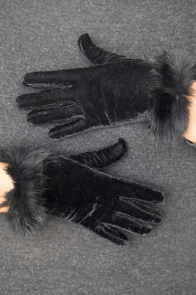 Kadın Siyah Kadife Tüylü Kısa Eldiven | Şık, Kışlık, Davet ve Günlük Kullanım Standart Beden