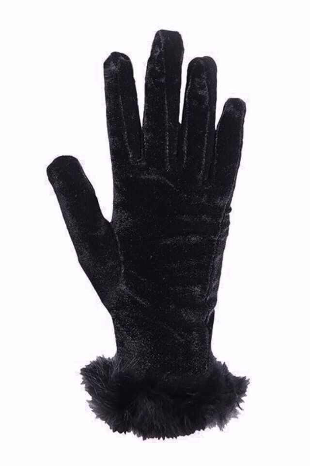 Kadın Siyah Kadife Tüylü Kısa Eldiven | Şık, Kışlık, Davet ve Günlük Kullanım Standart Beden