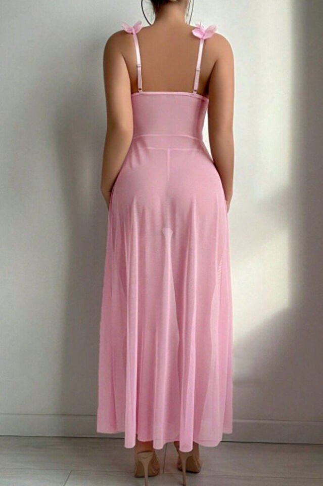 Kadın Pembe Tül Gecelik Takım – Lazer Kesim Çiçek Yaka, Tangalı, Transparan, 2 Parça