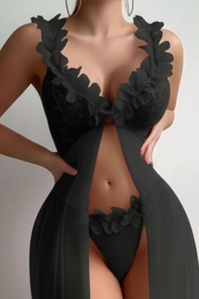 Kadın Siyah Tül Gecelik Takım – Lazer Kesim Çiçek Yaka, Tangalı, Transparan, 2 Prç