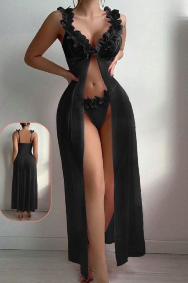 Kadın Siyah Tül Gecelik Takım – Lazer Kesim Çiçek Yaka, Tangalı, Transparan, 2 Prç