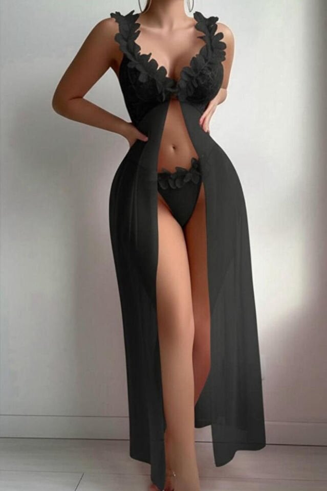 Kadın Siyah Tül Gecelik Takım – Lazer Kesim Çiçek Yaka, Tangalı, Transparan, 2 Prç