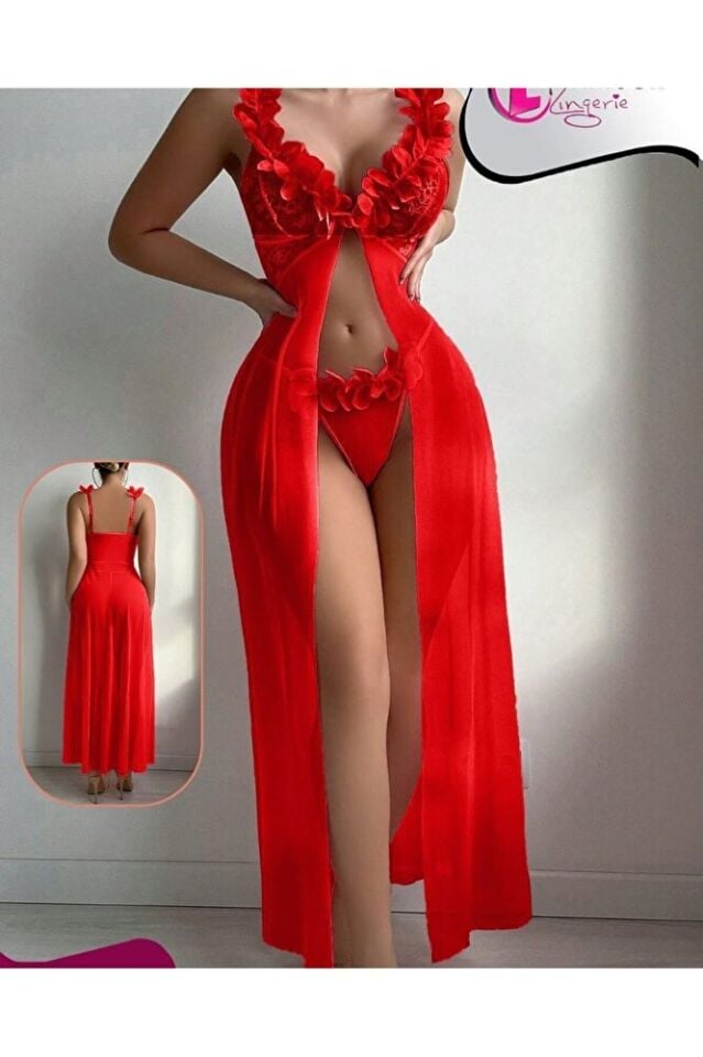 Kadın Kırmızı Tül Gecelik Takım – Lazer Kesim Çiçek Yaka, Tangalı, Uzun Transparan 2 Parça