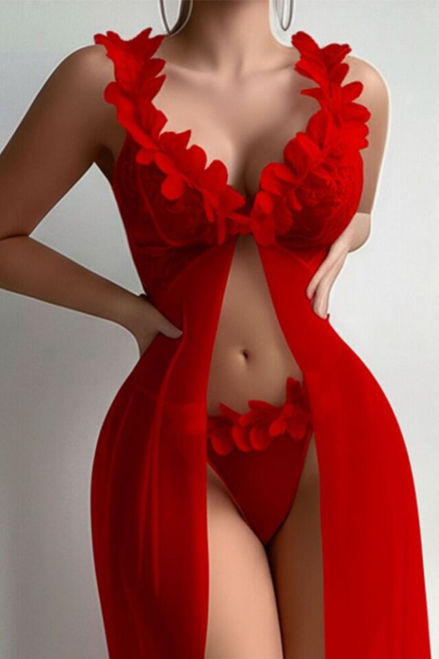Kadın Kırmızı Tül Gecelik Takım – Lazer Kesim Çiçek Yaka, Tangalı, Uzun Transparan 2 Parça