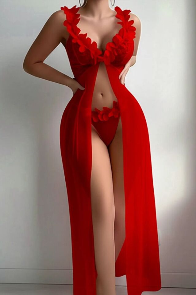 Kadın Kırmızı Tül Gecelik Takım – Lazer Kesim Çiçek Yaka, Tangalı, Uzun Transparan 2 Parça