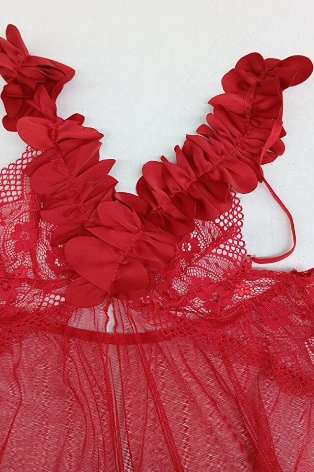 Kadın Kırmızı Tül Gecelik Takım – Lazer Kesim Çiçek Yaka, Tangalı, Uzun Transparan 2 Parça