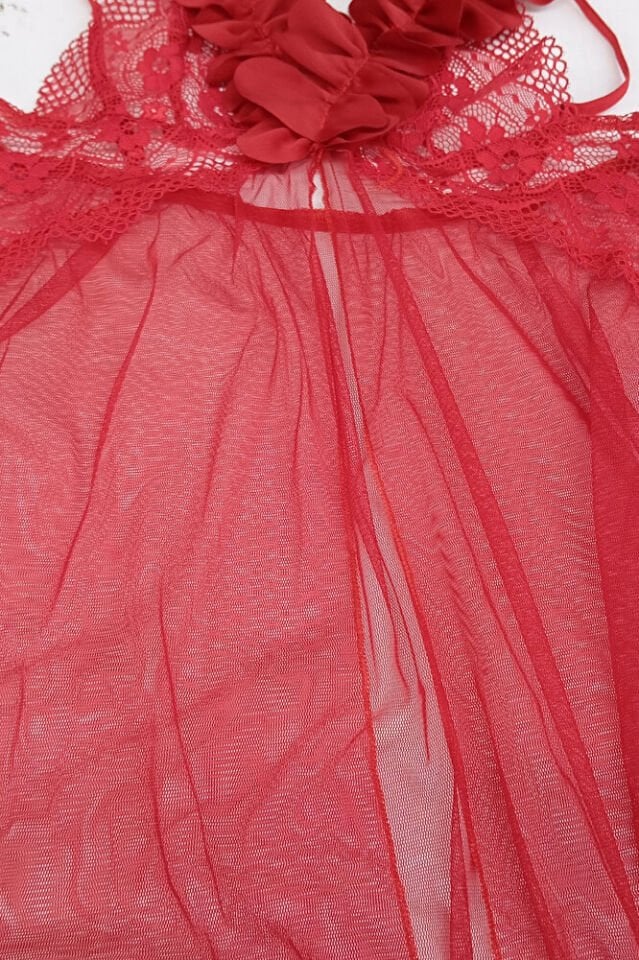 Kadın Kırmızı Tül Gecelik Takım – Lazer Kesim Çiçek Yaka, Tangalı, Uzun Transparan 2 Parça