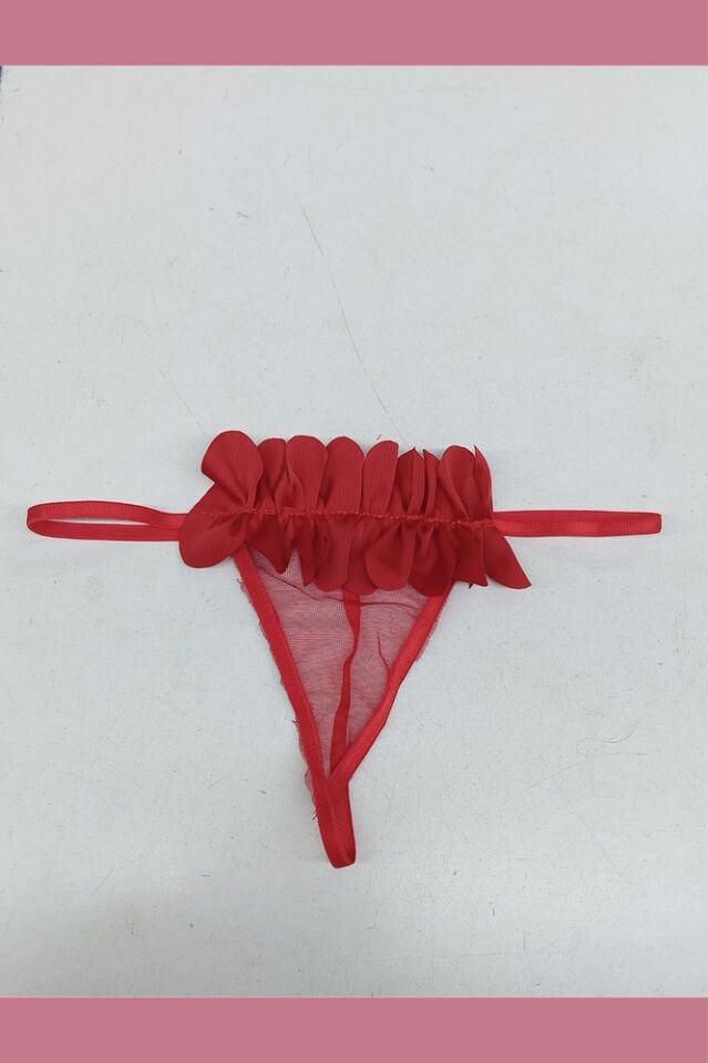 Kadın Kırmızı Tül Gecelik Takım – Lazer Kesim Çiçek Yaka, Tangalı, Uzun Transparan 2 Parça