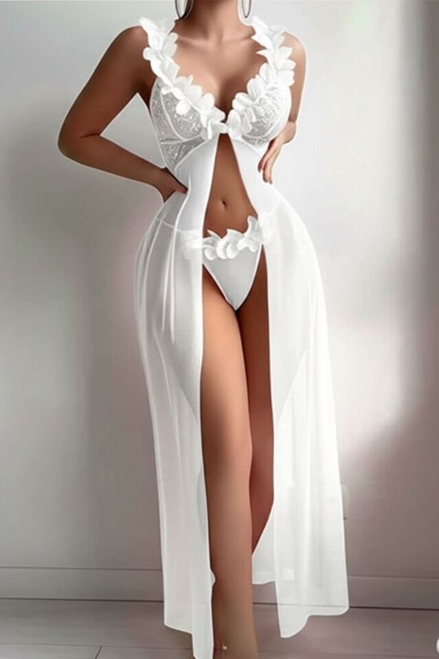 Kadın Beyaz Tül Gecelik Takım – Lazer Kesim Çiçek Yaka, Tangalı, Transparan, 2 Parça