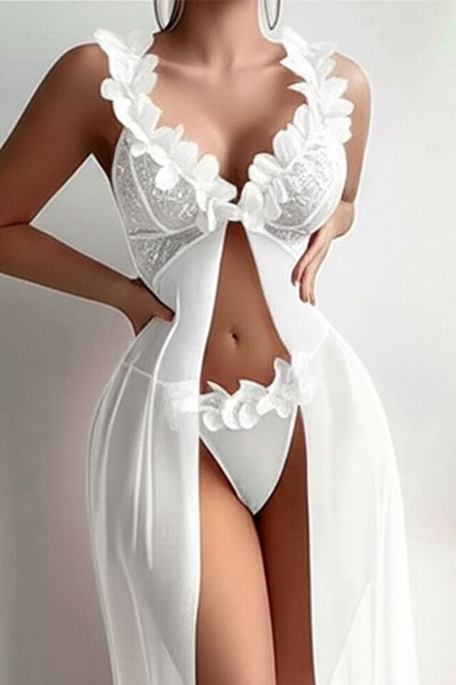 Kadın Beyaz Tül Gecelik Takım – Lazer Kesim Çiçek Yaka, Tangalı, Transparan, 2 Parça