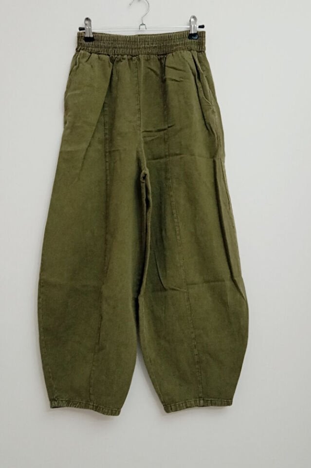 Kadın Haki Kar Yıkamalı Gabardin Şalvar Pantolon – Rahat Kesim, Pamuklu