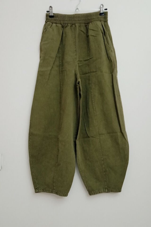 Kadın Haki Kar Yıkamalı Gabardin Şalvar Pantolon – Rahat Kesim, Pamuklu