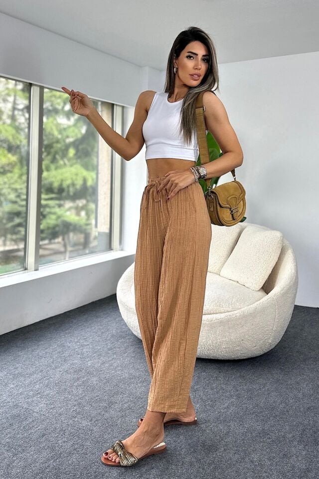 Camel Gofre Kadın Şalvar Pantolon – Lastikli Bel, Bol Kesim, Yazlık Rahat İnce Model 4000