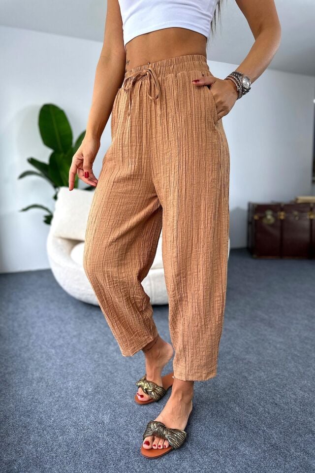 Camel Gofre Kadın Şalvar Pantolon – Lastikli Bel, Bol Kesim, Yazlık Rahat İnce Model 4000