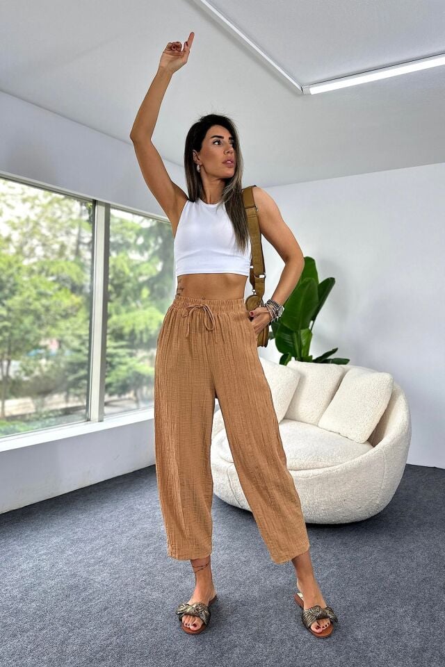 Camel Gofre Kadın Şalvar Pantolon – Lastikli Bel, Bol Kesim, Yazlık Rahat İnce Model 4000
