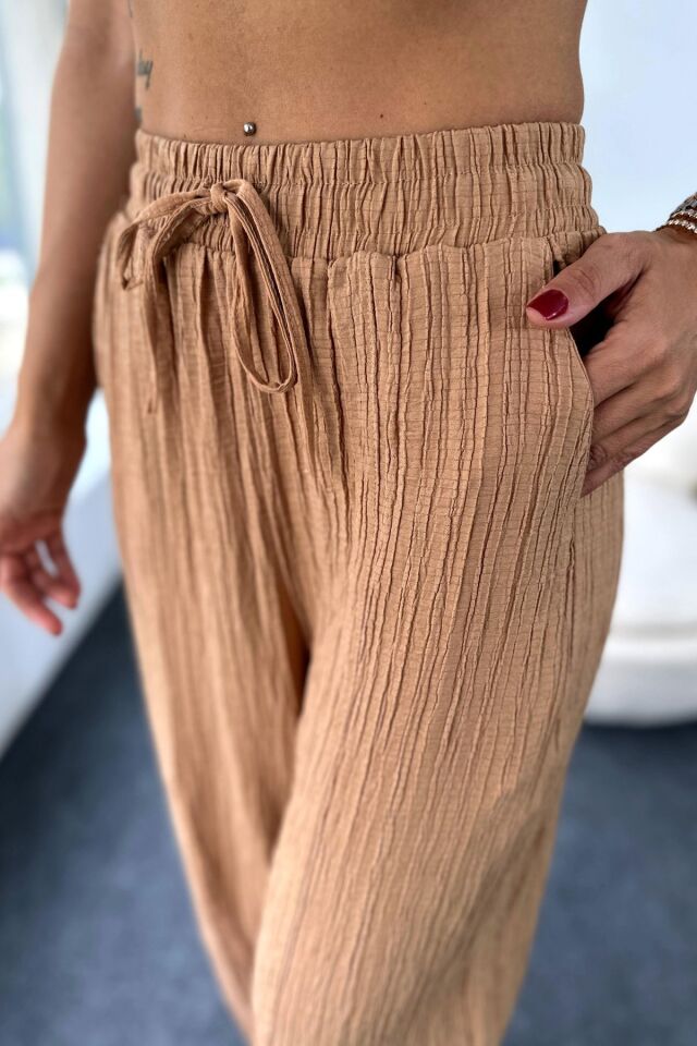 Camel Gofre Kadın Şalvar Pantolon – Lastikli Bel, Bol Kesim, Yazlık Rahat İnce Model 4000