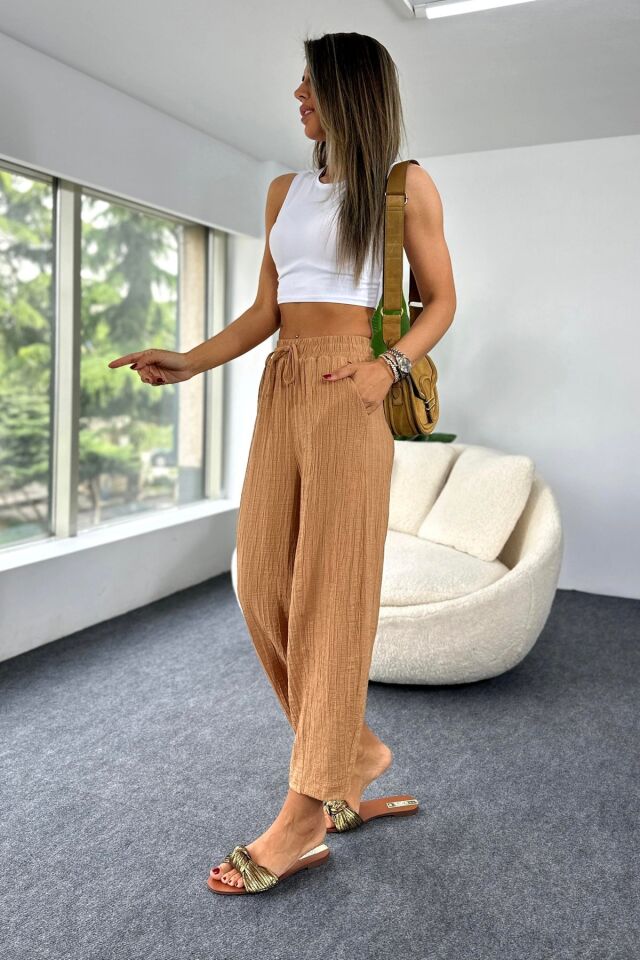 Camel Gofre Kadın Şalvar Pantolon – Lastikli Bel, Bol Kesim, Yazlık Rahat İnce Model 4000