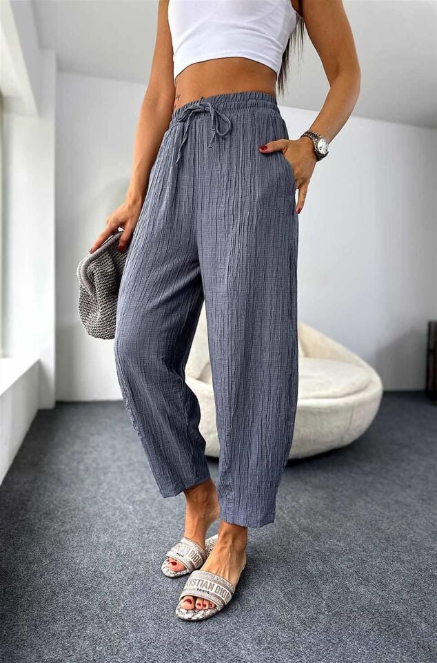 Gofre Kadın Şalvar Pantolon Antrasit – Lastikli Bel, Bol Kesim, Yazlık Rahat Model, İnce Kumaş