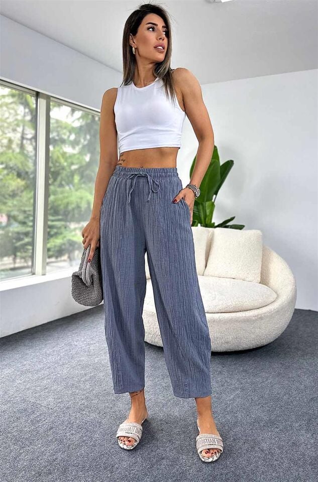 Gofre Kadın Şalvar Pantolon Antrasit – Lastikli Bel, Bol Kesim, Yazlık Rahat Model, İnce Kumaş