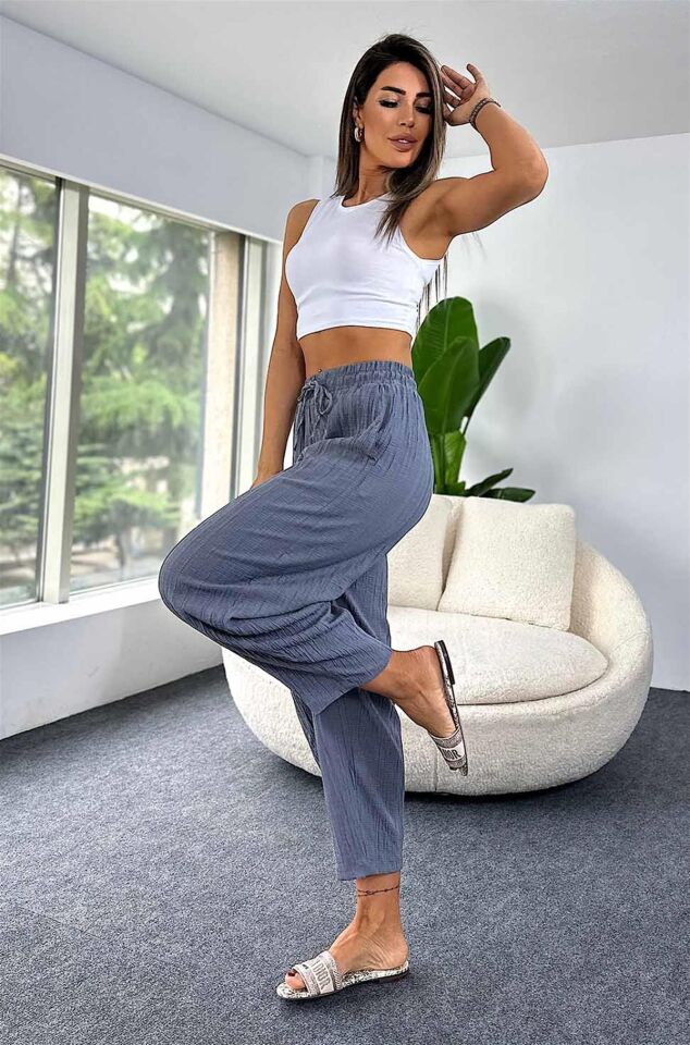 Gofre Kadın Şalvar Pantolon Antrasit – Lastikli Bel, Bol Kesim, Yazlık Rahat Model, İnce Kumaş