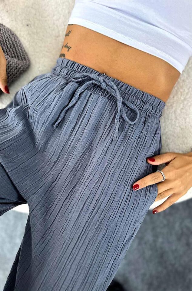 Gofre Kadın Şalvar Pantolon Antrasit – Lastikli Bel, Bol Kesim, Yazlık Rahat Model, İnce Kumaş