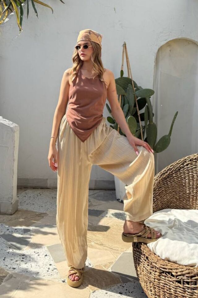 Gofre Kadın Şalvar Pantolon Bej – Lastikli Bel, Bol Kesim, Yazlık Rahat Model, İnce Kumaş