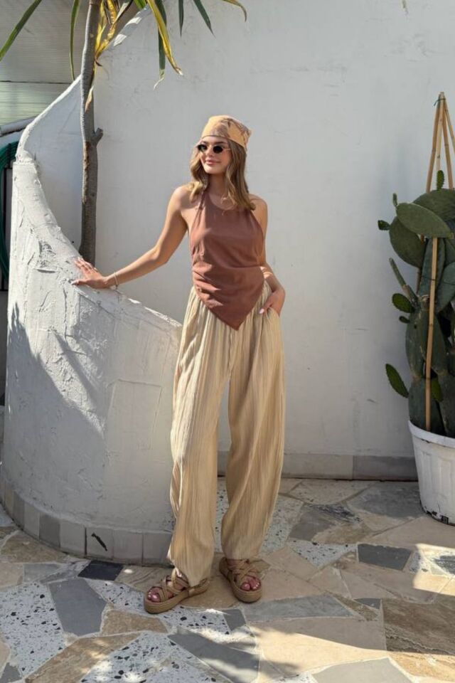 Gofre Kadın Şalvar Pantolon Bej – Lastikli Bel, Bol Kesim, Yazlık Rahat Model, İnce Kumaş
