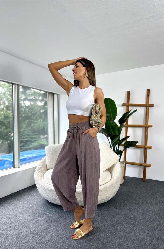 Gofre Kadın Şalvar Pantolon Vizon – Lastikli Bel, Bol Kesim, Yazlık Rahat Model, İnce Kumaş