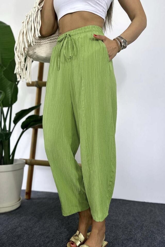 Gofre Kadın Şalvar Pantolon Fıstık Yeşili – Lastikli Bel, Bol Kesim, Yazlık Rahat Model 4000, İnce Kumaş
