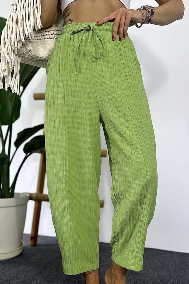 Gofre Kadın Şalvar Pantolon Fıstık Yeşili – Lastikli Bel, Bol Kesim, Yazlık Rahat Model 4000, İnce Kumaş