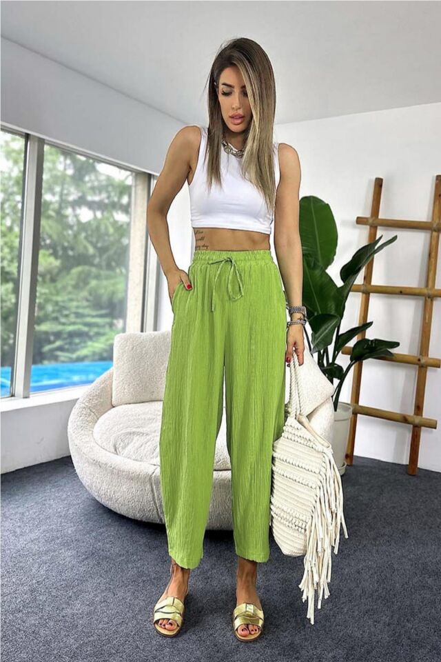 Gofre Kadın Şalvar Pantolon Fıstık Yeşili – Lastikli Bel, Bol Kesim, Yazlık Rahat Model 4000, İnce Kumaş