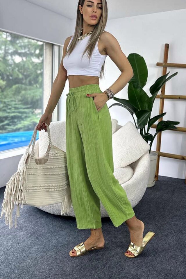 Gofre Kadın Şalvar Pantolon Fıstık Yeşili – Lastikli Bel, Bol Kesim, Yazlık Rahat Model 4000, İnce Kumaş