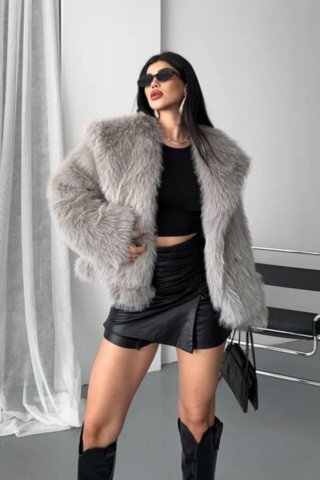 Kadın Suni Kürk Mont Gri – Şal Yaka, Kruvaze, Çift Çıtçıtlı, Uzun Kollu, Kalın, Rahat Kalıp