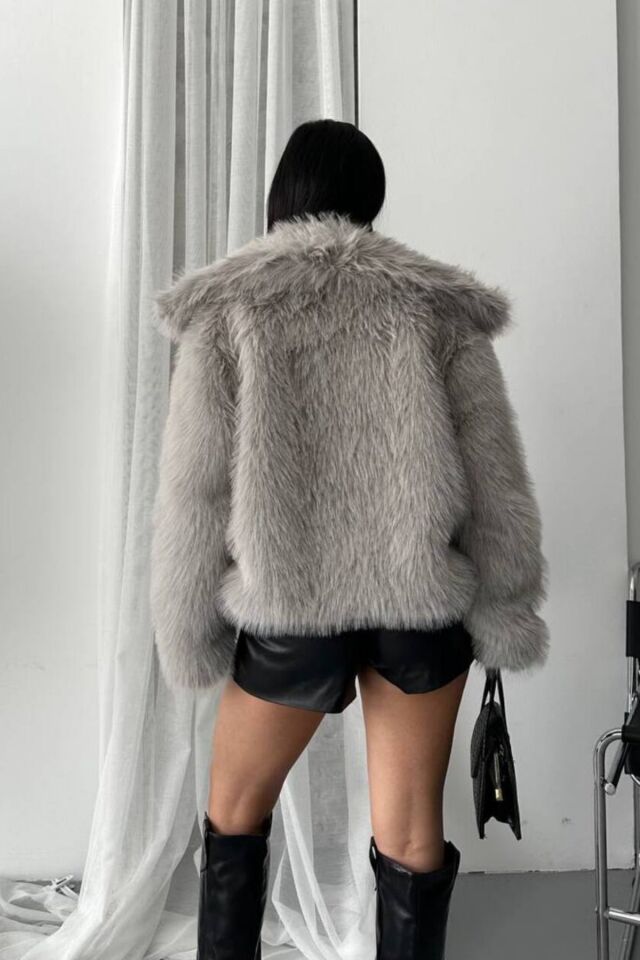 Kadın Suni Kürk Mont Gri – Şal Yaka, Kruvaze, Çift Çıtçıtlı, Uzun Kollu, Kalın, Rahat Kalıp