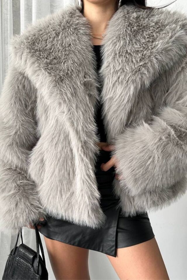 Kadın Suni Kürk Mont Gri – Şal Yaka, Kruvaze, Çift Çıtçıtlı, Uzun Kollu, Kalın, Rahat Kalıp