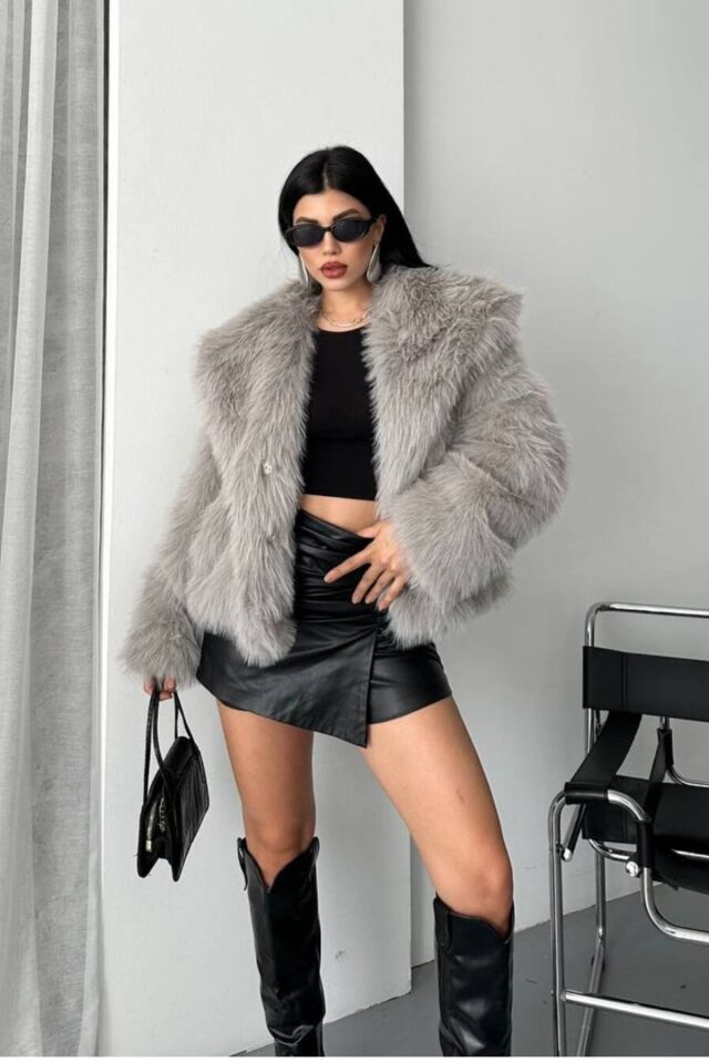 Kadın Suni Kürk Mont Gri – Şal Yaka, Kruvaze, Çift Çıtçıtlı, Uzun Kollu, Kalın, Rahat Kalıp