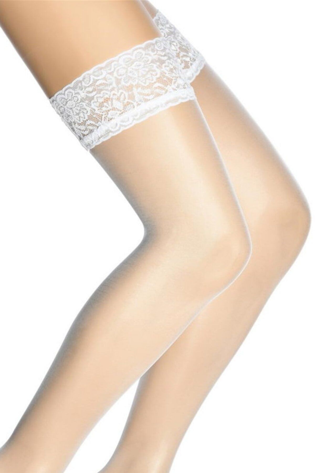 Kadın Beyaz Silikonlu Kaymaz Dantelli Dizüstü Jartiyer Çorap 15 Denye İnce Parlak Dore