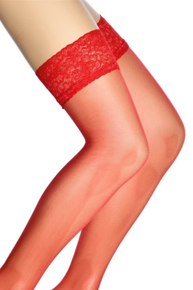 Kadın Kırmızı Silikonlu Kaymaz Dantelli Dizüstü Jartiyer Çorap 15 Denye İnce Parlak Dore