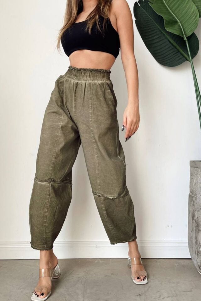 Kadın Haki Salaş Şalvar Pantolon Yıkamalı Eskitmeli Gabardin Kalın Lastikli Bel Rahat Günlük Bohem Pantolon S M L