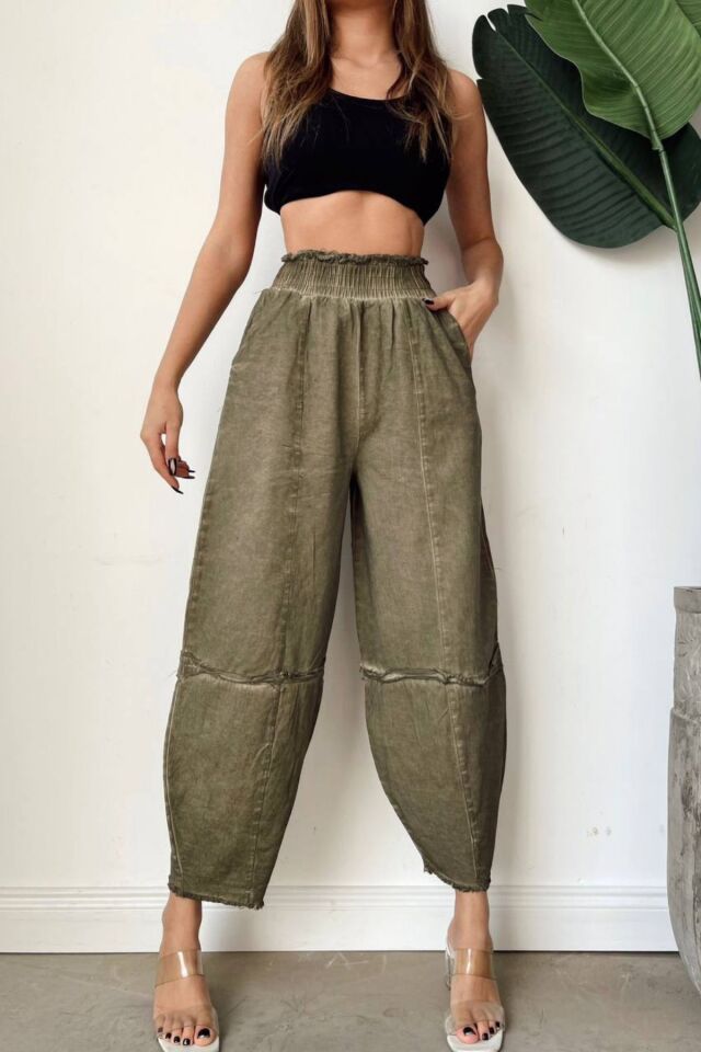 Kadın Haki Salaş Şalvar Pantolon Yıkamalı Eskitmeli Gabardin Kalın Lastikli Bel Rahat Günlük Bohem Pantolon S M L