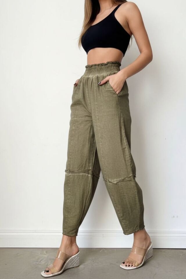 Kadın Haki Salaş Şalvar Pantolon Yıkamalı Eskitmeli Gabardin Kalın Lastikli Bel Rahat Günlük Bohem Pantolon S M L