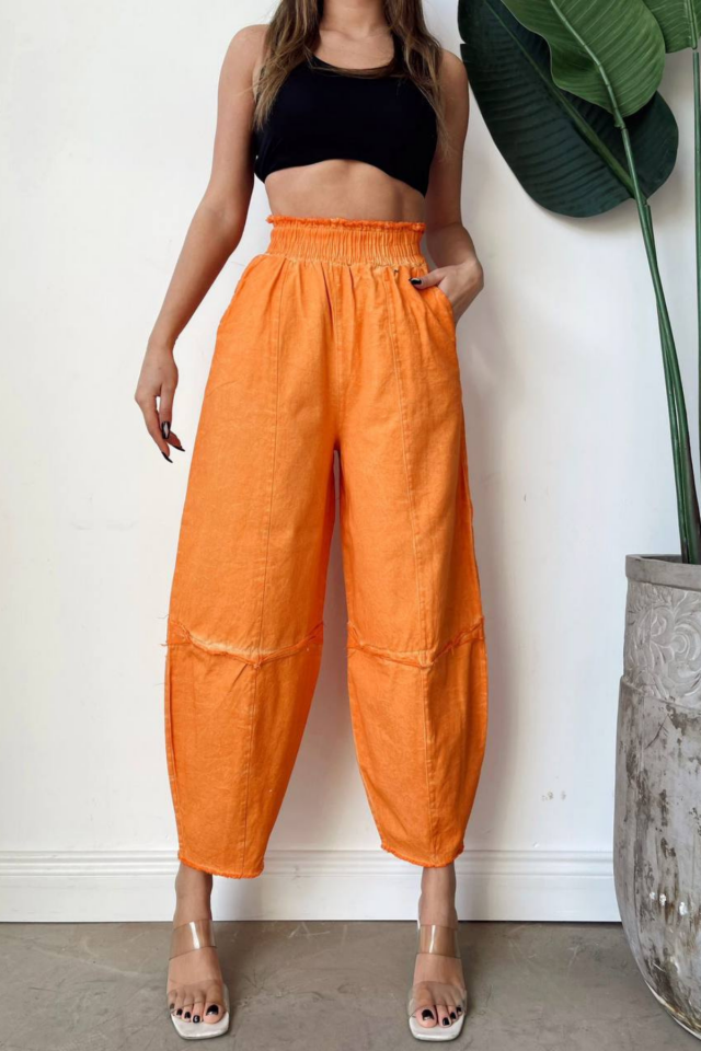 Kadın Turuncu Salaş Şalvar Pantolon Yıkamalı Eskitmeli Gabardin Kalın Lastikli Bel Rahat Günlük Bohem Pantolon S M L
