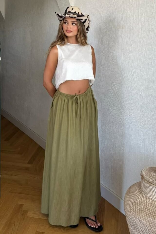 Kadın Haki Uzun Etek Beli Lastikli Bağcıklı Maksi Boy Bol Tesettür Etek Pamuk Viskoz İç Göstermez Yazlık İlkbahar S-M-L