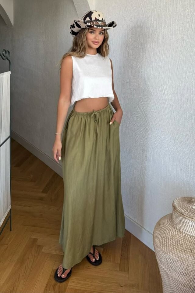 Kadın Haki Uzun Etek Beli Lastikli Bağcıklı Maksi Boy Bol Tesettür Etek Pamuk Viskoz İç Göstermez Yazlık İlkbahar S-M-L