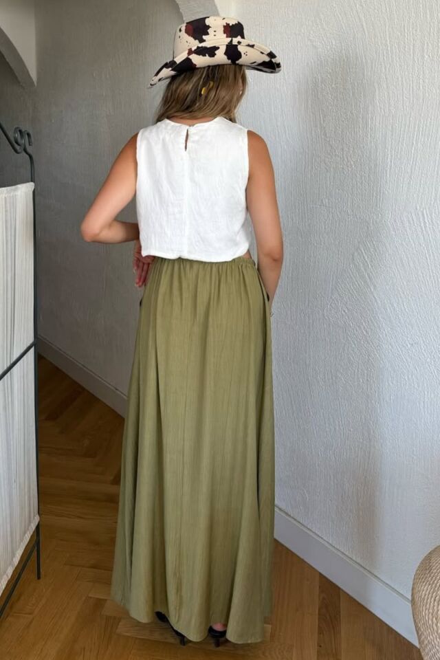 Kadın Haki Uzun Etek Beli Lastikli Bağcıklı Maksi Boy Bol Tesettür Etek Pamuk Viskoz İç Göstermez Yazlık İlkbahar S-M-L