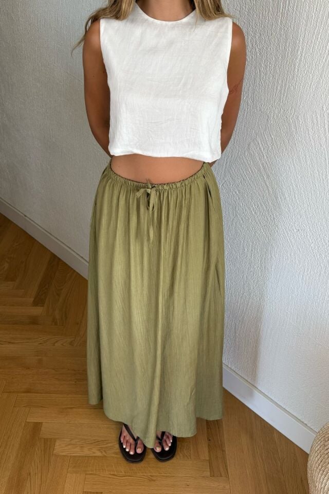 Kadın Haki Uzun Etek Beli Lastikli Bağcıklı Maksi Boy Bol Tesettür Etek Pamuk Viskoz İç Göstermez Yazlık İlkbahar S-M-L