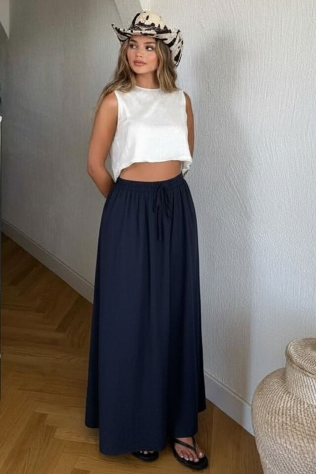 Kadın Lacivert Uzun Etek Beli Lastikli Bağcıklı Maksi Boy Bol Tesettür Etek Pamuk Viskon İç Göstermez Yazlık İlkbahar S-M-L