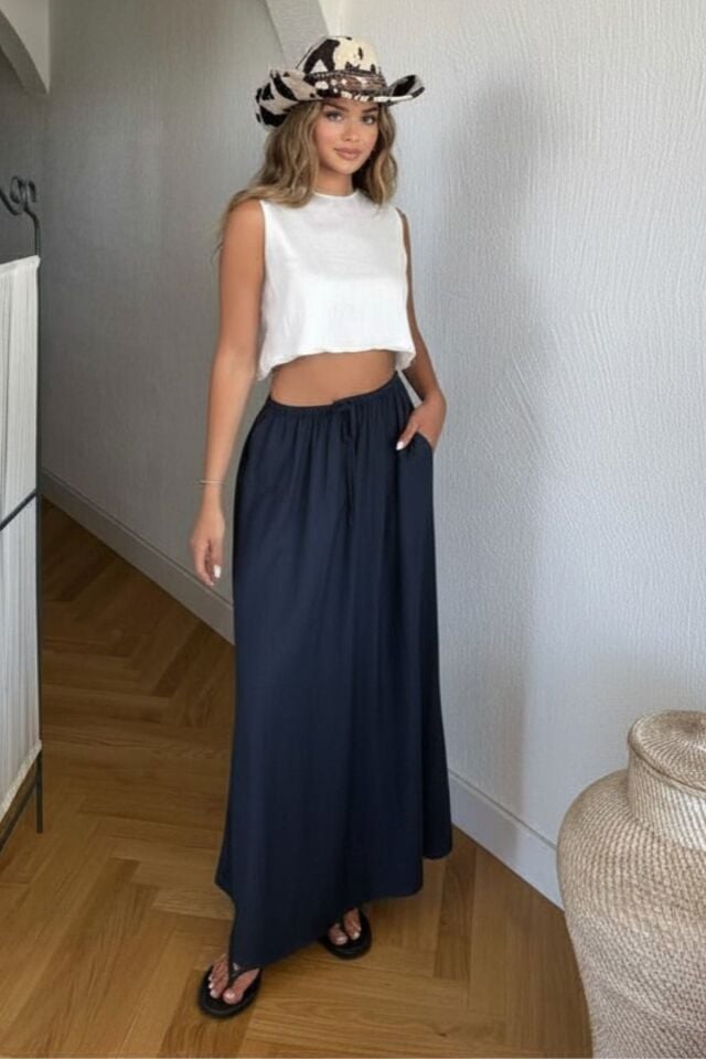 Kadın Lacivert Uzun Etek Beli Lastikli Bağcıklı Maksi Boy Bol Tesettür Etek Pamuk Viskon İç Göstermez Yazlık İlkbahar S-M-L